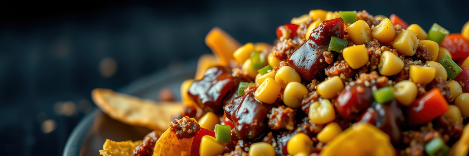 A close-up of a plate of nachos topped with ground beef, corn, and sauce
